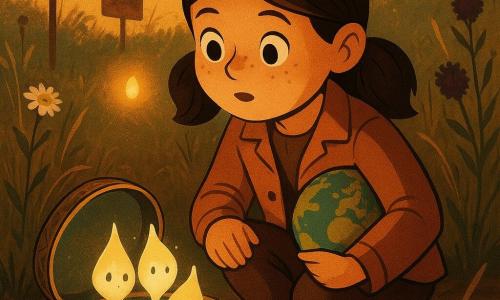 An 8-year-old girl, Mina, round face with freckles and brown pigtails, curious and amazed, wearing a light jacket and holding a small globe under her arm, crouches beside an open metal lid in a flowered vacant lot at dusk; a tiny amber-yellow glowing 