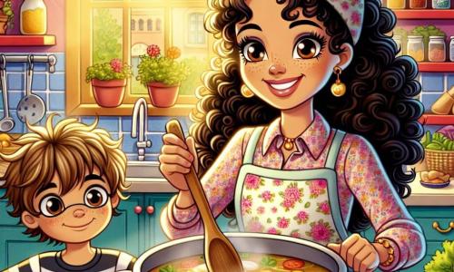 Em uma cozinha acolhedora e colorida, a chef Rosa, uma mulher de cerca de trinta anos com cabelos cacheados e um grande sorriso, está preparando uma sopa. Ela usa um bonito avental com estampas florais e um chapéu de chef um pouco torto, demonstrando seu entusiasmo e paixão pela culinária. Seus olhos brilham de felicidade enquanto mistura os ingredientes em uma grande panela. Ao seu lado, João, um menino de cerca de 8 anos com cabelos castanhos bagunçados e óculos redondos, observa atentamente. Ele segura uma colher de pau, pronto para mexer a sopa, com um rosto que expressa grande curiosidade e empolgação. A cozinha está cheia de cores vibrantes, com prateleiras carregadas de potes de especiarias, legumes frescos na bancada e utensílios brilhantes pendurados na parede. A luz do sol entra pela janela, iluminando o espaço com um calor suave. Nesta cena, Rosa e João estão preparando uma sopa mágica com ervas raras, compartilhando um momento de cumplicidade e alegria, rodeados pelo aroma delicioso que preenche o ambiente.