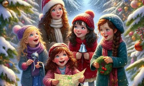 In an enchanted forest, four friends stand together, surrounded by tall fir trees covered in sparkling snow. Lily, a 10-year-old girl with long blonde hair and sparkling blue eyes, joyfully smiles while holding a pretty silver bell. Maisie, a 9-year-old girl with curly brown hair and a red hat, gazes in wonder at a stream flowing nearby. Nora, a 10-year-old girl with brown hair in a braid, holds a paper map with clues for the treasure hunt, her face glowing with excitement. Bella, a 9-year-old girl in a wheelchair with curly brown hair, laughs out loud while pointing at a garland of colorful ornaments hanging from a tree branch. The setting is magical: snow gently falls, creating a fluffy white blanket, while sparkling flakes dance in the air. Christmas lights shine in the distance, adding a magical touch to the scene. The four friends are preparing a treasure hunt for their grandmother, hiding surprises in the snow and laughing together, their faces lit up with the joy of Christmas.