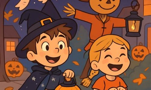 A 6-year-old boy, Tommy, with messy brown hair and a big amazed smile, holds a small round pumpkin-shaped lantern. He wears a black cape sprinkled with silver stars and a slightly crooked witch hat. Next to him, a 6-year-old girl, Lily, with braided blonde hair and sparkling eyes, joyfully laughs while holding a bucket of colorful candies. A scarecrow, with a burlap face and straw arms, stands in the back, smiling and carefully holding a lantern. The scene takes place on an Halloween street, lit by orange lights and paper ghost decorations hanging from the trees. Smiling pumpkins are placed on the porches of the houses, and golden leaves swirl in the cool evening air. Tommy and his friends walk in a line, illuminated by the lantern, sharing laughter and ghost stories, while the starry sky watches over their joyful procession.