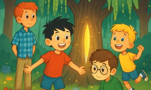 There are 4 children: Eli, a 12-year-old boy with messy black hair and sparkling eyes, wearing a bright red t-shirt and denim shorts, stands in the center with arms outstretched and a big smile, ready to leap. Milo, an 11-year-old tall and slim boy with freckles on his nose, dressed in a blue plaid shirt and beige pants, stands slightly back, admiring Eli. Rowan, a 12-year-old boy with brown hair and round glasses, wearing a green sweater and black pants, crouches next to an ancient book, attentively observing the pages with curiosity. Jasper, the smallest at 10 years old with blonde hair and bright eyes, wearing a yellow t-shirt and blue shorts, is jumping in place, full of energy and smiling brightly. The scene takes place in an enchanted clearing surrounded by majestic trees with shimmering leaves. A weeping willow stands in the center, its drooping branches creating a soft shade. Colorful flowers with bright petals dot the green ground, while a light mist floats in the air, adding a touch of mystery. The main situation shows the children gathered around the willow, listening intently to a magical voice emerging from the tree, their faces lit by curiosity and wonder, as a soft golden light emanates from the trunk, revealing an ancient secret.