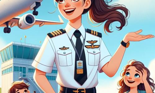 În centrul imaginii, o femeie pilot, Andreea, este reprezentată cu un mare zâmbet pe față, ochii ei strălucind de pasiune. Ea poartă o ținută elegantă de pilot, cu o cămașă albă și o cravată neagră, precum și o jachetă de pilot decorată cu insignele ei. Părul ei brun este prins într-o coadă de cal îngrijită, iar ea stă în fața unui avion mare, arătând spre cer cu entuziasm. Lângă ea, un băiat pe nume Alex, în vârstă de aproximativ 10 ani, o observă cu ochii mari. Are părul castaniu în dezordine și poartă un tricou albastru cu un model de avion. Ține în mâini un mic model de avion, privindu-o pe Andreea cu admirație. Puțin mai departe, o fată pe nume Maria, de asemenea de 10 ani, stă cu un zâmbet radiant. Are părul lung și creț și poartă o rochie galbenă însorită. Își ridică mâna, ca și cum ar dori să pună o întrebare, captivă de povestea Andreei. Decorul se află pe un tarmac de aeroport însorit, cu un cer albastru deschis presărat cu câteva nori albi. În fundal, se poate vedea un avion de linie mare, strălucind la soare, și hangare colorate de aeroport. Situația principală o arată pe Andreea povestind aventurile sale de pilot copiilor, captivându-i cu povești despre călătoriile sale prin cer, în timp ce Alex și Maria o ascultă cu atenție, fascinați de lumea aviației.