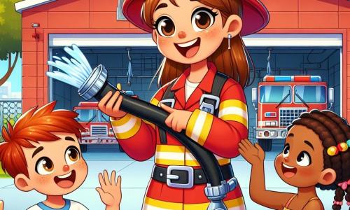 Eine Feuerwehrfrau namens Anna, mit einem warmen Lächeln und braunen, zu einem Dutt gebundenen Haaren, trägt eine leuchtend rote Uniform und einen etwas zu großen Feuerwehrhelm. Sie zeigt den Kindern, wie man einen Feuerwehrschlauch benutzt, mit einem fröhlichen und begeisterten Gesichtsausdruck. Ein 7-jähriger Junge mit roten Haaren und weit aufgerissenen Augen tut so, als würde er den Schlauch halten und lacht vor Freude. Neben ihm steht ein 6-jähriges Mädchen mit Zöpfen und einem bunten Kleid, das Anna bewundernd ansieht, mit den Händen in die Hüften gestützt, bereit zu lernen. Die Szene spielt vor einer großen, leuchtend roten Feuerwehrstation, mit Feuerwehrfahrzeugen im Hintergrund und Löschwerkzeugen an den Wänden. Der Himmel ist blau und sonnig, und grüne Bäume umgeben das Gebäude. Die Hauptsituation zeigt Anna, die den Kindern die Bedeutung der Brandsicherheit beibringt, während sie Spaß daran haben, Feuerwehr zu spielen, und eine fröhliche und lehrreiche Atmosphäre schaffen.