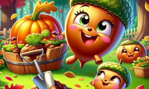 Annie, a cheerful little acorn with a shiny brown shell and sparkling eyes, is dancing in the green grass, excited for autumn. Benny, a larger acorn with a rough shell and a big smile, is digging in the soil next to her, his muscular arms showing he is ready to plant trees. Clara, a tiny acorn with rosy cheeks and curious eyes, stands near Annie, jumping for joy with her little legs flailing. The setting is a colorful garden filled with golden and red leaves gently falling from the trees, with a bright orange pumpkin at the center, creating a warm and festive atmosphere. The scene depicts the acorns having fun together, preparing the ground to plant Annie while laughing and enjoying the joyful spirit of autumn.