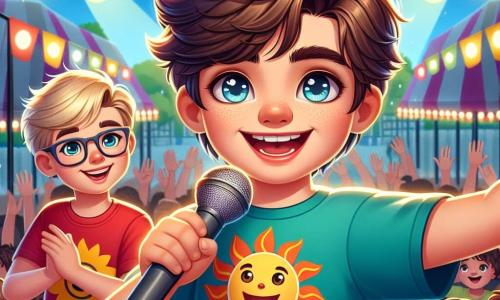 An 11-year-old boy named Jamie stands on a wooden stage, his face beaming with confidence and joy. He has messy brown hair, sparkling blue eyes, and wears a colorful t-shirt with a sun pattern. Jamie smiles widely, arms open, ready to perform his magic act for an enthusiastic audience. Beside him, his best friend Alex, a 12-year-old boy with blonde hair and glasses, encourages him with a big smile. Alex wears a red t-shirt and stands near the edge of the stage, hands raised in applause. The backdrop is a lively fair, with colorful game and treat stalls in the background. String lights twinkle above the stage, and children laugh and play in the audience, creating a festive atmosphere. The main scene shows Jamie performing a magic trick, holding a playing card in one hand and a top hat in the other, captivating everyone's attention with his charisma and enthusiasm.