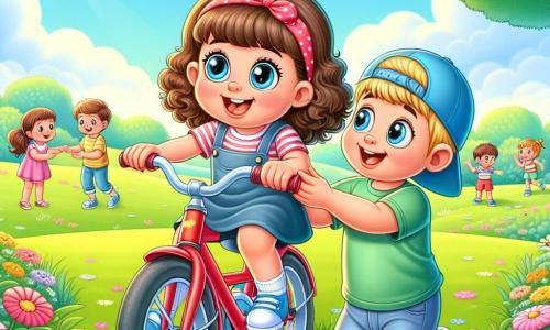 O fetiță de 4 ani, cu ochi mari și strălucitori și păr castaniu ondulat, stă pe o bicicletă roșie. Ea zâmbește larg, plină de bucurie și entuziasm, gata să pedaleze. Lângă ea, un băiat de 5 ani numit Andrei, cu păr blond și o șapcă albastră, o încurajează cu un zâmbet mare. El stă în picioare, ținând bicicleta pentru a o ajuta să își mențină echilibrul. Decorul se desfășoară într-un parc însorit, cu copaci verzi luxurianți, flori colorate și copii care se joacă în fundal. Cerul este albastru și senin, adăugând o notă de fericire scenei. Situația principală o arată pe Sara, fetița, încercând să pedaleze pe bicicleta ei pentru prima dată, cu Andrei alături, pregătit să o ajute. Expresia de determinare de pe fața ei arată că este gata să își depășească frica și să capete încredere în sine.