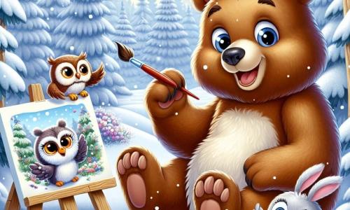 Ein großer brauner Bär mit dickem, weichem Fell und strahlenden Augen sitzt in einem wunderschönen verschneiten Wald, umgeben von schneebedeckten Tannen. Er hält einen Pinsel in einer Pfote und malt begeistert ein buntes Bild auf eine Leinwand, sein Gesicht strahlt vor Glück und Kreativität. Neben ihm beobachtet eine kleine Eule mit weißen und braunen Federn und großen neugierigen Augen aufmerksam das Bild, ihre bewundernde Miene verrät ihre Faszination für das Werk des Bären. Ein fröhlicher Hase mit großen Ohren und weichem grauem Fell hüpft etwas weiter entfernt, während er bunte Beeren in seinen Pfoten hält, bereit, sie seinen Freunden anzubieten. Die Szene spielt sich in einem magischen Wald ab, wo der Schnee unter den Sonnenstrahlen funkelt und eine märchenhafte Landschaft schafft. Schneeflocken fallen sanft vom Himmel und verleihen der Atmosphäre einen Hauch von Magie. Der Bär, umgeben von seinen Freunden, schafft ein wunderschönes Winterbild, das die Schönheit der Natur und die Freude der Freundschaft einfängt und die Magie der Saison feiert.