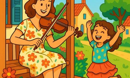 Lara, een vrouw van een dertig jaar, zit op een houten veranda met een stralende glimlach en sprankelende ogen van vreugde. Ze draagt een lichte jurk met bloemenpatroon en houdt een mooie donkerbruine viool vast, haar delicate vingers glijdend over de snaren. Naast haar danst Emma, een negenjarig meisje met krullend kastanjebruin haar en glinsterende ogen van nieuwsgierigheid, vrolijk. Ze draagt een kleurrijke blouse en een rokje met ruffles, haar armen omhoog gericht naar de lucht, vol energie en geluk. De achtergrond toont een charmant dorp in de zomer, met kleurrijke bloemen rond de veranda, groene bomen op de achtergrond en een stralende blauwe lucht met enkele donzige witte wolken. De scène toont Lara en Emma die samen spelen en dansen, genietend van een moment van muziek en vreugde, omringd door de schoonheid van de natuur en de feestelijke sfeer van het dorp.