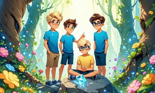 Vier jongens van negen jaar, Finn, Max, Sam en Lucas, staan in het midden van een betoverde open plek, omringd door kleurrijke bloemen en kromme bomen. Finn, met zijn messy blonde haar en een ondeugende glimlach, wijst naar een glanzende steen op de grond. Max, met bruin haar en ronde bril, zit dromerig op een grote steen en wrijft in zijn ogen. Sam, met rood haar en sproeten, staat met gekruiste armen en een vastberaden blik. Lucas, met kastanjebruin haar en een gestreept t-shirt, zit op zijn hurken en bekijkt de magische kaart die de oude tovenaar hen heeft gegeven. 

De open plek is verlicht door gouden licht met zonnestralen die door de bladeren van de bomen filteren. Fantastische wezens, zoals reusachtige vlinders en vogels met glanzende veren, vliegen om hen heen en voegen een vleugje magie toe aan de scène. 

De jongens hebben net de magische steen ontdekt die hun dorp uit de eeuwige slaap kan redden, en hun opwinding is voelbaar terwijl ze zich voorbereiden om met hun waardevolle schat naar huis te gaan.