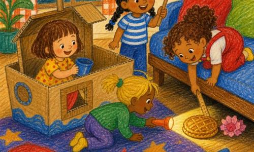 Cuatro niñas de 2 años: Ana, pelo castaño corto con flequillo, vestido amarillo con lunares rojos, sentada a la izquierda en una gran caja sosteniendo una pequeña taza azul; Bea, pelo rubio en coletas, suéter verde, de rodillas delante de la caja con una linterna naranja apuntando bajo el sofá; Cami, pelo negro en trenza, camiseta a rayas azul y blanca, de pie en el centro mirando la caja y sonriendo con una cuchara de madera en la mano; Dori, pelo castaño rizado, peto rojo, a la derecha inclinada sobre la caja extendiendo una regla blanda para alcanzar una galette. Salón luminoso con suelo de madera clara y alfombra de estrellas, caja de cartón convertida en casa/barco en el centro, cojines coloridos alrededor, planta en maceta junto a una ventana con cortina a cuadros y luz cálida de atardecer. Las cuatro aventureras exploran la caja en busca de un tesoro: una galette dorada y una flor de papel rosa escondidas bajo el sofá; escena alegre, trazos simples y textura de lápiz, acciones claras: recoger, alumbrar, alcanzar, mirar.