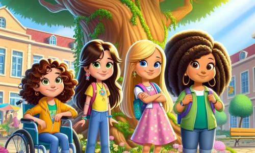 Cuatro amigas, Valeria (niña, 10 años, cabello castaño y rizado, con una camiseta amarilla y jeans), Sofía (niña, 9 años, cabello rubio y liso, vestida con un vestido rosa), Ana (niña, 10 años, cabello castaño recogido en una coleta, usando una bonita silla de ruedas azul) y Carla (niña, 9 años, cabello negro y rizado, vestida con una camiseta verde y un short) están juntas alrededor de un gran árbol antiguo en el patio de su escuela. Miran con emoción un pequeño cofre en forma de estrella, mientras Sofía sostiene un libro antiguo abierto, revelando un misterioso dibujo de un mapa. El lugar es un patio escolar soleado, rodeado de coloridos edificios de la escuela primaria Arcoíris, con flores brillantes y juegos infantiles al fondo. La situación principal muestra a las cuatro amigas en plena búsqueda, descubriendo un cofre misterioso escondido bajo el gran árbol, después de seguir un antiguo libro lleno de pistas y secretos. Están listas para resolver el misterio que las espera, con expresiones de curiosidad y emoción en sus rostros.