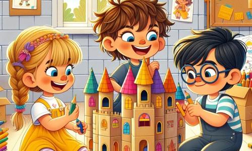 Un ragazzino di 4 anni di nome Luca, con capelli castani arruffati e un grande sorriso, è seduto per terra, circondato da pezzi di cartone colorati. Sta disegnando torri per un grande castello, con pastelli sparsi intorno a lui. Accanto a lui, una bambina di 4 anni di nome Sara, con capelli biondi intrecciati e un vestito giallo, colora con entusiasmo i muri del castello, i suoi occhi brillano di gioia. Un altro bambino di 4 anni, Marco, con occhiali rotondi e capelli neri, è in piedi, concentrato nell'assemblare le finestre di cartone, con un tubo di colla in mano. La scena si svolge in un'aula luminosa, con pareti decorate da disegni di bambini e finestre che lasciano entrare la luce del sole. Tavoli carichi di materiale artistico e una grande lavagna nera sono visibili sullo sfondo. Luca, Sara e Marco lavorano insieme, ridendo e incoraggiandosi a vicenda mentre costruiscono il loro magnifico castello di cartone per lo spettacolo scolastico.