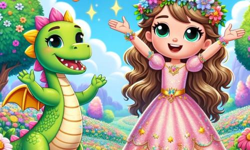 Una princesa llamada Luna, de aproximadamente 10 años, se encuentra en el centro de la imagen, con largos cabellos ondulados color castaño claro adornados con pequeñas flores de colores. Lleva un vestido brillante de color rosa pastel con motivos de estrellas doradas, y su rostro expresa una alegría radiante mientras sonríe, con los brazos abiertos, lista para recibir la aventura. A su lado, un dragón amistoso, del tamaño de un pequeño árbol, con escamas verdes y ojos chispeantes de felicidad, ruge de alegría, con las alas ligeramente desplegadas. Más lejos, una mariposa dorada vuela alrededor de ellos, iluminando la escena con su luz mágica. El lugar es un jardín secreto encantador, lleno de flores de colores que parecen bailar al ritmo del viento, con árboles majestuosos de troncos gruesos y hojas de un verde brillante. Al fondo, un cielo azul claro está salpicado de nubes blancas y esponjosas, añadiendo un toque de magia al conjunto. La situación principal muestra a Luna, el dragón y la mariposa celebrando el descubrimiento de un tesoro brillante, un cofre dorado que brilla al sol, rodeado de pétalos de flores que flotan en el aire, simbolizando la amistad y la aventura.