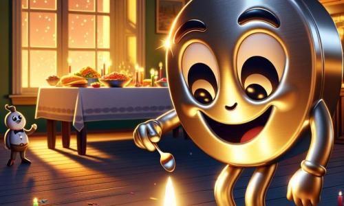 Ein kleiner glänzender Metallcharakter mit vier gut gezeichneten Zinken und einem fröhlichen Lächeln steht im Mittelpunkt der Szene, beleuchtet von einem sanften goldenen Licht. Er schaut mit Staunen auf eine Gruppe kleiner bunter Kerzen, die um ihn tanzen und warme Schatten an die Wände der Küche werfen. Rechts von ihm steht ein glatter und eleganter silberner Metallcharakter mit runder Form, der Stolz und Aufregung ausdrückt, während er eine kleine Flamme in seiner Hand hält, bereit sie zu entzünden. Links von ihm beobachtet ein scharfer Metallcharakter mit entschlossenem Blick aufmerksam die Szene, bereit zu helfen, wenn nötig. Die Küche ist mit funkelnden Girlanden und festlichen Lichtern dekoriert, mit einem großen Holztisch, der mit köstlichen Gerichten und buntem Konfetti auf der Tischdecke geschmückt ist. Die Wände sind in warmen Farbtönen gestrichen, was eine einladende und festliche Atmosphäre schafft. Die Hauptsituation zeigt den kleinen Metallcharakter, der mit seinen Freunden eine leuchtende Überraschung vorbereitet, um das neue Jahr zu feiern, während die Kerzen kurz vor Mitternacht bereit sind, den Raum zu erhellen und die Luft mit Freude und Vorfreude zu füllen.