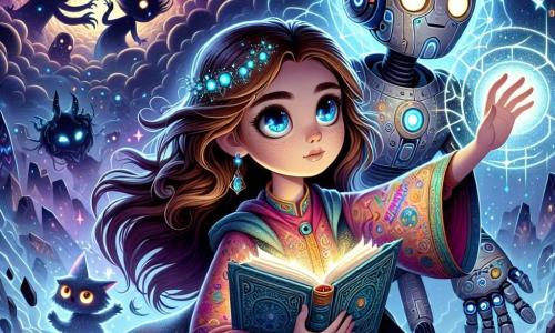 O fată de 12 ani, Mira, stă în centrul imaginii, cu părul lung, ondulat și ochi strălucitori de curiozitate. Poartă o tunică colorată cu motive magice și ține o carte veche într-o mână, în timp ce cealaltă mână este ridicată, lansând fulgere de lumină magică. Fața ei exprimă atât determinare, cât și uimire. Lângă ea, Răzvan, un robot de dimensiuni umane, cu o suprafață metalică strălucitoare și ochi luminoși de tip LED, observă atent. El proiectează un câmp de forță protectiv în jurul lor, brațele sale articulate iluminându-se cu o strălucire albastră. Fundalul este un peisaj fantastic și întunecat, plin de nori negri și stânci ascuțite, cu sclipiri de lumină magică care străbat întunericul. În fundal, siluete de creaturi ciudate se conturează, adăugând o atmosferă de mister și pericol. Situația principală arată cum Mira și Răzvan se află în mijlocul unei bătălii împotriva unei umbre amenințătoare care se ridică în fața lor, pregătită să îi atace. Energia magică și tehnologică fuzionează în jurul lor, creând o scenă dinamică și captivantă, plină de tensiune și aventură.