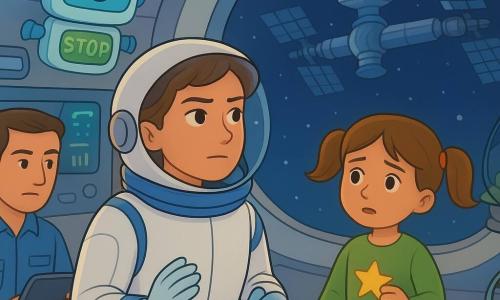 Mara, astronaută, față hotărâtă și senină, cască ușoară ridicată, costum spațial alb cu borduri albastre, mâini mănușate pe hublou ajustând doi repere vizuale, Nira, fetiță 8–10 ani cu două codini, inițial îngrijorată apoi încrezătoare, ține un abțibild în formă de stea lângă o bandă luminoasă portocalie pe podea, Radu, bărbat 35–40 ani în combinezon albastru, cu tabletă tactilă, concentrat dar ușurat la un panou de control stânga, robot-asistent Lumo, ecran plutitor cu față digitală zâmbitoare și antenă, proiectând pictograme, decor: interiorul unui tren spațial argintiu lung cu coridor larg și mari hublouri spre spațiu și o stație metalică, podea cu benzi luminoase portocalii și verzi și plante în ghiveci plutitoare într-o mini-grădină, situație: acroșare securizată — Mara verifică reperele în timp ce trenul încetinește, Nira se oprește pe banda luminoasă, Radu confirmă pe panou, Lumo afișează STOP verde, atmosferă de tensiune transformată în ușurare; stil grafic: linii clare, culori vii, forme rotunjite prietenoase, texturi plate și detalii grafice vizibile, compoziție lizibilă cu personaje clar separate și repere vizuale evidente.