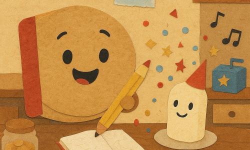 Pip is het hoofdpersonage: een rond, kleurrijk kraftpapieren notitieboekje met een los hoekje, blije trotse uitdrukking, licht gekreukte bladzijden, houdend een potlood genaamd Punt, in het midden van de tafel terwijl hij een blad opent; bijpersonages: Kaarsje, een klein crèmewitte kaarsje met een rood feestmutsje en een verlegen glimlach op een schaaltje voor Pip; Confetti, een speelse regen van kleine glanzende rondjes en sterretjes in rood, blauw en goud die rondom Kaarsje dwarrelen; Slingerrol, een pastelkleurige papieren slinger aan het plafond links; Muziekspeeldoos, een blauw geschilderd kartonnen muziekdoosje met een goudkleurig papieren mechanisme op een plank rechts dat gestileerde noten voortbrengt. Locatie en sfeer: warme collage-keuken met een getextureerde houten tafel, patroonladen, open koekjestrommel met papiersnippers, planken met potjes en een scheurige vierkante raamopening met zachte lucht; situatie: intiem feest waarbij alledaagse voorwerpen Kaarsje verrassen — Pip leest wensen, de slinger vormt een fonkelend pad, de muziekdoos speelt en confetti valt als een krans rond de kaars, een rood ballonnetje vastgemaakt bij het schaaltje. Visuele instructies: zachte warme palet (oker, baksteenrood, luchtblauw, goud), duidelijke papiertekstuureffecten (scheuren, lagen, lichte schaduwen), centrale leesbare compositie, tedere feestelijke sfeer en zacht licht uit het raam.
