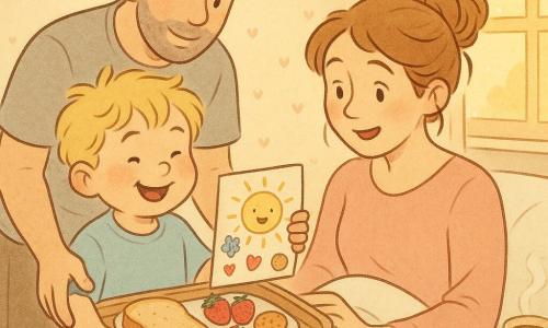 Een 4-jarige jongen met rond gezicht, roze wangen, blond warrig haar en lachende ogen heeft een trotse en tedere uitdrukking; hij staat bij het bed met een dienblad met ontbijt en een zelfgemaakte kaart. Een vrouw (mama) van ongeveer 30–35 jaar met lichtbruin haar in een losse knot, zachte ogen en verraste glimlach zit in bed, deken tot haar knieën, kijkend naar de kaart. Een man (papa) van ongeveer 30–35 jaar met korte baard en vriendelijke glimlach in een eenvoudige blouse staat achter de jongen en leunt licht om het dienblad te stabiliseren. De kamer is warm en licht, crèmekleurige muren met een subtiel hartjespatroon, een open raam met gouden ochtendlicht en een nachtkastje met een dampende theekop. De kaart is kleurig met een grote gele zon en stickers; het dienblad bevat een toast, drie aardbeien en een klein koekje. De scène straalt tederheid, samenzijn en verlegen vreugde uit, in pastelkleuren, afgeronde lijnen en zachte texturen, kinderlijke stripstijl, centrische compositie en een rustige, warme sfeer.