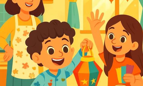 A 6-year-old boy, Sami, with curly hair and sparkling eyes, joyfully smiles while holding a colorful lantern decorated with shining stars. He wears a cotton pajama with dinosaur patterns. Next to him, his 8-year-old sister Leena, with long brown hair and a mischievous smile, encourages him by raising a hand full of colored paper. Their mother, a smiling woman in a floral apron, stands behind them, watching them proudly. The scene takes place in a bright kitchen filled with golden sunlight filtering through a window adorned with lanterns. On the table, there is a delicious breakfast with bread, dates, and a large glass of milk. Sami and Leena are preparing lanterns to celebrate Ramadan, surrounded by vibrant colors and laughter. The atmosphere is joyful and festive, full of family warmth and magic.