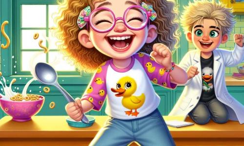 Lucy Larkspur, a smiling 10-year-old girl with curly hair and colorful glasses, is at the center of the image, laughing out loud as she prepares to sneeze. She wears a duck-patterned t-shirt and jeans, holding a dancing spoon in her hand. Next to her, Max, a 10-year-old boy with messy hair and a lab coat, watches with sparkling eyes of excitement, holding a notebook in one hand and a small gadget in the other. The scene takes place in Lucy's bright kitchen, filled with vibrant colors, with yellow-painted walls and sunlight streaming through the windows. On the table, a bowl of cereal and a carton of milk are joyfully dancing, adding a touch of magic to the environment. The main situation shows Lucy about to sneeze, ready to unleash her comedic power, while everyday objects around her start to come to life, creating an atmosphere of joy and surprise.
