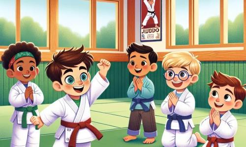 In a bright dojo, four boys are gathered on a green mat. Sam, a 10-year-old with brown hair and sparkling eyes, is demonstrating a judo move with a big smile. To his right, 9-year-old Max with blonde hair and glasses encourages him by raising his arms enthusiastically. On the left, Leo, a 10-year-old with black hair and a red headband, claps joyfully, while Ben, a 9-year-old with brown hair, sits on the mat looking a bit sad but smiling at his friends. The dojo is filled with light, featuring light wooden walls and green mats. Posters of judo champions decorate the walls, and a large window lets in sunlight, creating a warm atmosphere. The main scene shows Sam encouraging Ben to join the game while the other friends cheer him on, creating a sense of camaraderie and support.