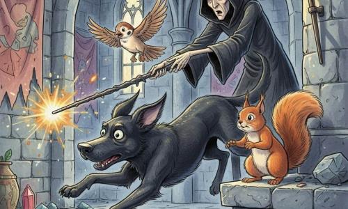 Max, a black dog with a glossy coat and bead-bright eyes, appears brave and determined as he leaps muzzle forward with a paw grasping a dark magic wand; Oliver, a small light-brown sparrow with ruffled feathers, flies just above Max’s shoulder, wings beating and looking worried; Sammy, a red squirrel with soft fur and fine whiskers, stands on a stone ledge beside Max, ready to help with a bushy tail; the sorcerer, a thin silhouette in a black robe with angular folds and a hood partly hiding his face, drops the wand with skeletal fingers, surprised and defeated a few steps behind; interior of the castle: large gray stones, gothic arches, flickering torches casting long shadows, torn tapestries and shards of colored glass on the floor; main moment: the dramatic instant Max rips the wand from the sorcerer, the wand halfway, sparks of warm light contrasting with cold shadows, in a dynamic, child-friendly composition.