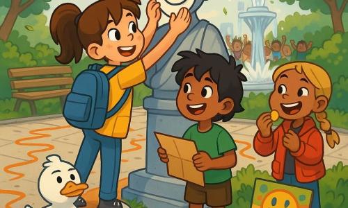 Mina, a determined 10-year-old with freckles and a brown ponytail wearing a yellow vest and blue backpack, sticks a paper smile onto a gray statue with slightly tape-sticky hands; Kai, a mischievous 10-year-old with messy black hair in a green tee and a bandage on his heel, stands beside her holding folded cardboard; Tessa, a playful 10-year-old blonde in a braid and red jacket, munches chips and applauds behind Mina; a dignified plump duck perches on a rock in a shining pond nearby; the sunny urban park has paved ground with orange chalk 