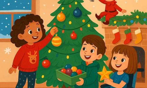 There are 4 characters: Nora, a 7-year-old girl with curly hair and sparkling eyes, wearing a red sweater with a reindeer pattern and polka dot leggings, standing on a small step reaching to hang a decoration on the tree; Mateo, a 7-year-old boy with messy brown hair and a mischievous smile, dressed in a green jacket and a wool hat, standing next to Nora holding a box of colorful ornaments; Lina, a 7-year-old girl with straight hair and bangs, sitting in a wheelchair decorated with fairy lights, wearing a sparkling blue dress and holding a golden star, ready to place it on top of the tree; and Crispin, a tiny mischievous elf, about 30 centimeters tall, wearing a cone-shaped red hat and pointed shoes, perched on a branch of the tree, laughing and shaking a small silver bell. The scene takes place in a warm house decorated for Christmas, with a large illuminated tree in the center, surrounded by twinkling garlands and paper snowflakes hanging on the walls. Colorful stockings are hung above the fireplace, and snowflakes gently fall outside through the window. The main situation shows the children decorating the Christmas tree with shiny ornaments and garlands, while Crispin, the elf, watches them with a mischievous smile, ready to perform a little magic to add even more joy to their celebration.
