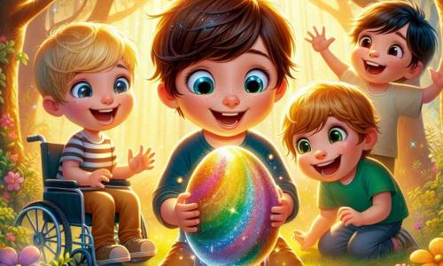 In an enchanted clearing, four seven-year-old boys stand together, surrounded by colorful flowers and large trees with shimmering leaves. Timmy, a boy with brown hair and sparkling eyes, is in the center, holding a brightly colored magical egg, with a big smile on his face. Sam, a blond boy with blue eyes, is to his right, arms raised in excitement, with paint splatters on his t-shirt. Jake, a boy with brown hair and round glasses, is on the left, laughing joyfully, with sparkles on his face. Lucas, a boy with black hair and gentle eyes, is next to Jake in his wheelchair, smiling proudly at the egg. The clearing is bathed in golden light, with sun rays filtering through the tree branches, and a sparkling stream flowing gently in the background. The boys have just discovered the Mystic Easter Egg, a rainbow-colored egg that shines with magic, revealing joyful memories in a shimmering mist surrounding them.