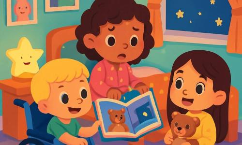 There are 3 characters: Mia, a 4-year-old girl with curly brown hair wearing a pink pajama with stars, sitting on her bed looking curious and a bit worried; Sam, a 4-year-old boy in a blue wheelchair with blond hair and a green t-shirt, smiling next to Mia while holding a picture book; and Lily, a 4-year-old girl with long smooth hair in a yellow pajama with star patterns, sitting on the floor near Mia, holding a teddy bear and eagerly looking at the book. The setting is Mia's bedroom, decorated with pastel walls and cartoon posters, featuring a large bed with colorful sheets at the center, and a soft star-shaped light illuminating the room, casting friendly shadows on the walls. Toys are scattered on the floor, and a window reveals a starry night sky. The main scene shows the three friends together in the room, sharing a moment of warmth and comfort as they read a story about a little bear afraid of the dark, surrounded by soft lights and cozy blankets, with expressions of curiosity and courage on their faces.