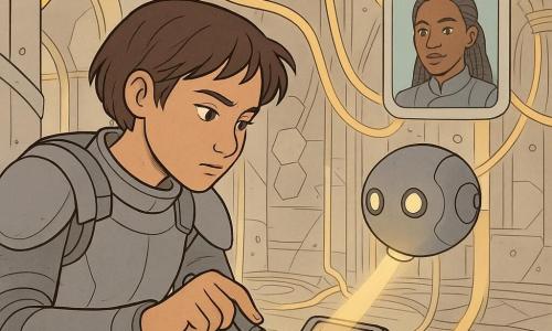 A determined, soft-faced 16-year-old girl with short brown hair in a fitted gray spacesuit with padded panels is tethered by two lanyards to a rail, leaning in to open a glowing solar mirror core casing with a small magnetic tool, focused and careful; a round maintenance drone the size of a soccer ball with a matte metal surface and small camera-eyes hovers before her, its light guiding her hand; Commander Imani, about 40, appears only as a small holographic screen above the girl's shoulder, braided hair and calm face speaking by radio; inside the solar mirror core — a large circular chamber with translucent pillars holding golden light ribbons, ordered cable-like cords, shiny hexagonal panels and textured metal walls with rivets — the girl is delicately installing a protocol cable into a bundle of light fibers as the light ribbons soothe, evoking patience and hope, composition centered on her hand, the open casing and the observing drone.