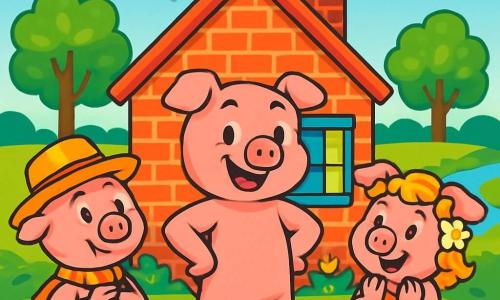A little pig named Peter, a cheerful boy with pink fur and sparkling eyes of determination, stands in front of his brick house, paws on hips, displaying a proud big smile. Next to him are his two brothers, Percy, an elegant pig with a straw hat and a colorful scarf, and Penny, a little piglet with curly hair and flowers in her ears, admiring the sturdy house they built together. The setting is a peaceful countryside landscape, with a bright blue sky, lush green trees, and a sparkling stream nearby. The brick house is sturdy, with a smoking chimney and colorful shuttered windows, surrounded by vibrant flowers and fluttering butterflies. The main scene shows Peter, Percy, and Penny celebrating their victory after fending off the big bad wolf, with beaming smiles and joyful gestures, illustrating teamwork and pride in having built a safe home together.