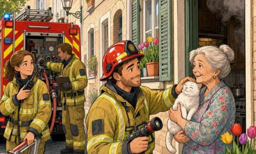 Un bombero de unos 30 años, cabello castaño corto y ligera barba, rostro sonriente y aliviado, casco rojo brillante y chaqueta reflectante amarilla, sostiene una pequeña manguera y acaricia un gato blanco; una mujer anciana de unos 75 años, cabello gris recogido en moño, vestido de flores, sostiene al gato con expresión agradecida en el umbral de un apartamento con humo; una bombera de unos 28 años, pelo recogido, sostiene una radio y guarda una pequeña escalera junto al camión rojo a la izquierda; un bombero de unos 32 años, con clipboard y guantes, revisa la válvula de una pequeña manguera en la parte trasera del camión, algo retirado; lugar: calle estrecha con edificios de ladrillo claro, persianas, macetas con tulipanes, ligera humareda en una ventana de cocina, luz suave de mañana, ambiente cálido; situación: intervención tranquila tras una olla olvidada que provocó humo en la cocina — los bomberos ventilan la estancia y reconfortan a la anciana y su gato, tonos cálidos, rasgos redondeados, expresiones claras, atmósfera reconfortante y heroica.
