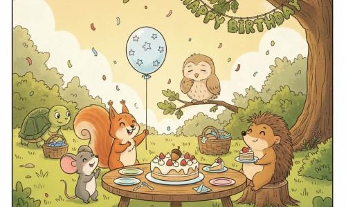 Valiant, a small red squirrel with a cream belly and a fluffy cinnamon‑swirl tail, looks joyful and holds a string tied to a pale blue starry balloon while standing by a low wooden table; Mina, a shy gray mouse with big pink ears, smiles and claps to Valiant’s left; Pip, a round brown hedgehog with soft spines, sits on a stump to the right holding a small plate of cake; Lolo, a young beige owl with large slow eyes, perches on a low oak branch behind the table blinking; Grandmother Fern, a wise turtle with a speckled green shell, rolls gently near a basket in the background with a kind smile; they’re in a sunny clearing with green grass, red berry bushes, colorful paper confetti in the air and a large oak bearing a leafy banner reading HAPPY BIRTHDAY in moss letters; on the table a round cake topped with strawberries and a small acorn confection, cream frosting, colorful plates and napkins, friends gathered in a circle laughing; overall warm pastel colors, soft lines, golden late‑afternoon light, festive, joyful and tender atmosphere.