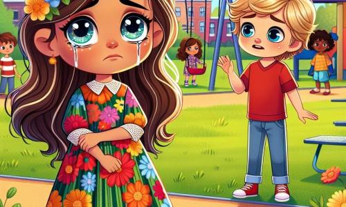 No centro da imagem, uma menina de 6 anos, Sofia, com longos cabelos castanhos e olhos brilhantes, veste um lindo vestido de flores coloridas. Ela tem uma expressão de tristeza no rosto, com lágrimas nos olhos, enquanto está sozinha no parquinho, com os braços cruzados, olhando para o chão. À sua direita, um menino de 6 anos chamado Lucas, com cabelos loiros bagunçados e uma camiseta vermelha, a observa com um ar de desculpas. Ele está ligeiramente inclinado para frente, como se quisesse se desculpar, mas parece também um pouco nervoso. Ao fundo, vê-se um pátio escolar ensolarado, com balanços, um escorregador e árvores verdes. Crianças brincam alegremente, mas Sofia se sente isolada nesse mundo colorido. A situação principal mostra Sofia, triste e sozinha, enquanto Lucas, um pouco afastado, tenta se aproximar dela para conversar e se desculpar, ilustrando o tema da reconciliação após o bullying.