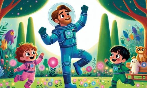 Leo, un uomo dai capelli castani e dagli occhi pieni di curiosità, indossa una tuta spaziale blu brillante. Sorride entusiasta, ballando felicemente in una radura sul pianeta Verde Luminosa, circondato da fiori luminosi e alberi maestosi. Mia, una bambina di circa 8 anni con capelli ricci e dorati, ride saltando vicino a Leo, indossando una tuta spaziale rosa, incantata dai colori vivaci dei fiori. Tommaso, un bambino di 6 anni con capelli neri e occhi sbarrati, è un po' in disparte, con le braccia alzate, pronto a unirsi alla danza. Il luogo è un paesaggio da favola, con fiori multicolori che brillano sotto un cielo blu splendente, e creature verdi danzano felicemente intorno a loro. La scena principale mostra Leo e i bambini che ballano con le creature del pianeta, celebrando il loro incontro magico in un momento di gioia e meraviglia.