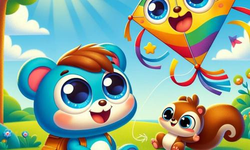 A small blue backpack named Benny, with big round eyes and a warm smile, sits on a patch of grass, radiating joy as he watches his colorful kite friend, Kale, floating in the sky. Kale, a brightly colored kite with striped patterns and stars, dances in the air, expressing great excitement and vibrant freedom. Nearby, a small squirrel named Sammy, with brown fur and sparkling eyes, climbs a tree branch, showing an expression of curiosity and wonder, ready to join his friends. The setting is a sunny park filled with bright flowers, lush trees, and a clear blue sky, creating a joyful and friendly atmosphere. The scene depicts Benny and Kale playing together, with Sammy observing, illustrating the theme of friendship and shared joy in an enchanting setting.