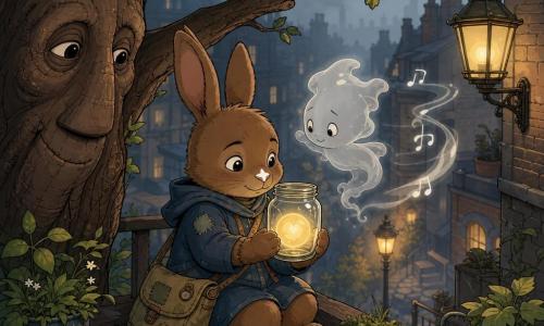 The main character is a small anthropomorphic night-guardian rabbit on a wooden balcony, soft focused, brown velour fur with a small white star on its muzzle, wearing a recycled satchel and holding a glass jar containing a round, heartlike pulsing glow while smiling slightly; secondary: a translucent silver mist spirit with a shy, sketchy face floats above leaving a trail of blurred musical notes; another secondary: a large ancient tree with a cracked chocolate trunk and knot-pattern “eyes” occupies the left margin and leans a branch toward the rabbit; setting: a misty urban night neighborhood with brick roofs, balcony gardens, vintage round lampposts casting warm light, wet cobblestones, tea cups and plant pots on the balcony; mood: calm, intimate, magical scene of the rabbit tending the glow as the spirit regains its song, close framing with a blurred city background, palette of gray-blue mist, warm gold lamps, and soft greens.