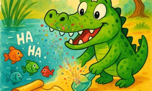 A bright green crocodile with round teeth and a sparkling smile, snout full of confetti, looks surprised and amused as it gently nudges a small clear bottle on a sunny riverbank; a rolled map with gilded edges and a little drawn mouth has sneezed multicolored glitter and floats half-unrolled on the sand, while several round colorful fish in the blue-green water laugh, their bubbles rising to form HA letters—playful scene, vivid colors, light ink lines and watercolor texture.