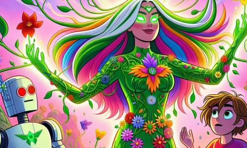 Im Mittelpunkt des Bildes steht Blütenwind, eine Superheldin, stolz da. Sie ist eine Frau mit langen, bunten Haaren, die wie ein Regenbogen glänzen, und ihre Augen strahlen in warmem Licht. Ihr grünes Kostüm, geschmückt mit leuchtenden Blumenmustern, scheint mit der Energie der Natur zu pulsieren. Sie lächelt entschlossen und hebt die Arme, um Pflanzen zu kontrollieren, die um sie herum blühen. An ihrer Seite steht Timmy, ein 10-jähriger Junge mit zerzausten braunen Haaren und einem bunten T-Shirt. Er schaut Blütenwind bewundernd an, hebt die Arme zur Unterstützung und ist bereit, ihr zu helfen. Etwas im Hintergrund steht Robo-Destroyer, ein großer, metallischer Roboter mit leuchtend roten Augen, verwirrt, umgeben von Blumen, die um ihn herum wachsen und seine Transformation symbolisieren. Die Szene spielt in einem magischen Park in Nebelstadt, wo die Bäume mit bunten Blumen bedeckt sind und der Himmel strahlend blau ist. Vögel fliegen herum und verleihen der Umgebung Leben. Die Hauptsituation zeigt Blütenwind, die gegen den Robo-Destroyer kämpft, indem sie ihre Kräfte einsetzt, um die Pflanzen um sich herum zum Blühen zu bringen, während Timmy sie begeistert anfeuert. Das Bild strahlt eine Atmosphäre von Mut, Freundschaft und Respekt vor der Natur aus.