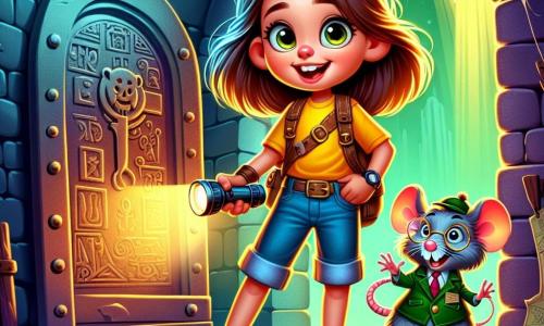 Una niña de 10 años, Valentina, con largos cabellos castaños y ojos llenos de curiosidad, se encuentra frente a una puerta de hierro adornada con símbolos misteriosos. Lleva una camiseta amarilla brillante y un pantalón corto de mezclilla, sosteniendo una linterna en una mano y un mapa antiguo en la otra, su rostro irradia emoción y valentía. A su lado, un pequeño ratón llamado Don Nicanor, vestido con un elegante chaleco verde y gafas redondas, la observa con una sonrisa alentadora, listo para ayudarla en su aventura. El escenario es un túnel oscuro y antiguo, con paredes de piedra rugosa, iluminado por la suave luz de la linterna de Valentina, donde sombras bailan en las paredes. Telarañas cuelgan de las esquinas y el suelo está cubierto de polvo, añadiendo una atmósfera de misterio. La situación principal muestra a Valentina, llena de determinación, lista para abrir la puerta de hierro y descubrir el tesoro oculto detrás, mientras Don Nicanor le susurra palabras de aliento.
