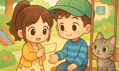Een meisje (ongeveer 10–12 jaar, kinderlijk) met bruine couettes, ronde heldere ogen, geel jasje en bloemenjurk, glimlachend en nieuwsgierig, leunt voorover en houdt een klein glinsterend briefje met mysterieuze tekens vast; een jongen (ongeveer 7–8 jaar) met groene pet, sproeten en een blauw gestreepte trui zit rechts op een schommel, verlegen maar blij, reikt naar het briefje; een grijze gestreepte kat genaamd Minoes met grote groene ogen en zichtbare snorharen ligt op een bankje naast hen en spint; achtergrond: zonnig dorpsstraatje met keien, ronde bomen, kleurrijke bloemen, een huisje met blauwe luiken en een glijbaan links, zachte lichtval en pastelkleuren; hoofdactie: ze lezen samen het geheimzinnige briefje en delen een veelbetekenende glimlach, warme sfeer van vriendschappelijk avontuur en ontdekking.