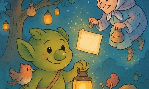 Un piccolo troll di nome Nomino, felice ed emozionato, sorride timidamente: orecchie a foglia soffici, naso tondo verde brillante, pelle vellutata color muschio e una piccola bisaccia di petali; tiene una lanterna calda che illumina il suo volto mentre guarda un'etichetta che galleggia davanti a lui. Dietro, leggermente sollevata, Nonna Nebbia, anziana volante di circa 70 anni, indossa una giacca di stoffa dai sogni pastello e scarpe che lasciano scintille di zucchero, tenendo un sacchetto di nomi. A sinistra uno lumaca con cilindro, corpo lucente e piccolo sorriso batte la conchiglia come un tamburello; sulla spalla destra di Nomino è posato un piccolo uccello crestato rosa che sbatte le ali curioso verso la lanterna. Intorno, la valle sospesa è piena di lanterne ambrate fluttuanti, una grande quercia azzurra dalle foglie a forma di farfalla e sacchetti di tessuto appesi ai rami con nomi. La scena cattura il momento magico in cui la lanterna rivela frammenti di nome luminosi sopra Nomino, con particelle dorate che vorticano nell'aria e amici sorridenti: atmosfera notturna, fiabesca e morbida, colori caldi (ambra, verde muschio, azzurro cielo) e texture soffici come velluto e carta.