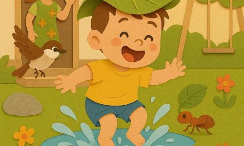 Um menino de 2 anos, alegre, cabelos castanhos curtos, vestindo camiseta amarela e shorts azuis, salta numa grande poça espirránd o, pernas dobradas e braços abertos; a mãe, calorosa, cabelos castanho-claro presos em rabo de cavalo e vestido verde florido, está no alpendre ao fundo acenando com a mão direita; um pequeno pássaro marrom e branco voa à frente do menino sobre uma pedra; uma formiga avermelhada carrega uma folha na borda da poça perto do pé do menino; o jardim é simples e colorido com relva texturada, uma pedra cinzenta, poça brilhante com reflexos azuis e brancos, flores estilizadas e um balanço vazio; cena de aventura alegre e tátil em que o menino explora pulando na água, segue o pássaro e usa uma grande folha como chapéu enquanto a mãe observa.