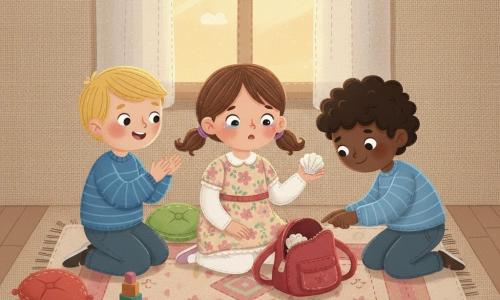 Ci sono 3 bambini: Marta, 4 anni, bambina con capelli castani a codini, vestito a fiori pastello, seduta al centro sul tappeto con in mano una piccola conchiglia bianca lucida, viso sollevato e occhi umidi; Leo, 4 anni, bambino con capelli biondi corti e maglione blu a righe, a sinistra di Marta, in ginocchio, sorride e batte le mani come per applaudire; Sami, 4 anni, bambino con capelli neri ricci e maglietta verde, a destra di Marta, chinato su uno zainetto rosso aperto sul tappeto, che indica la conchiglia trovata in una tasca. Ambientazione: salotto caldo a tarda sera, tappeto rettangolare con grandi motivi geometrici, cuscini colorati, alcuni cubi di legno e matite affilate intorno, luce morbida giallo-arancione da una finestra con tenda leggera; zaino rosso di stoffa con cerniera visibile e piccolo disegno a stella. Situazione: la conchiglia bianca lucida è stata ritrovata nella tasca dello zaino rosso, i bambini mostrano sollievo e tenerezza; composizione semplice, colori tenui, trame dei tessuti visibili (cuciture, feltro, applicazioni), sagome morbide e gesti chiari.