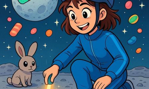 Una niña de 12 años, Lucía, con cabello castaño despeinado y ojos brillantes de curiosidad, está sentada en un cráter lunar. Lleva un chándal azul y un casco de bicicleta, su rostro irradia emoción y determinación. A su lado, un pequeño conejo de polvo lunar llamado Polvo, con grandes orejas y ojos brillantes, observa la escena con una expresión traviesa. Al fondo, la luna brilla con un resplandor plateado, adornada con una tirita de colores, mientras estrellas centelleantes danzan a su alrededor. La superficie lunar está salpicada de cráteres y polvo, con nubes de caramelos de colores cayendo del cielo. Lucía está colocando una banda de luz brillante sobre una grieta en el suelo lunar, lista para reparar la luna con una sonrisa confiada.