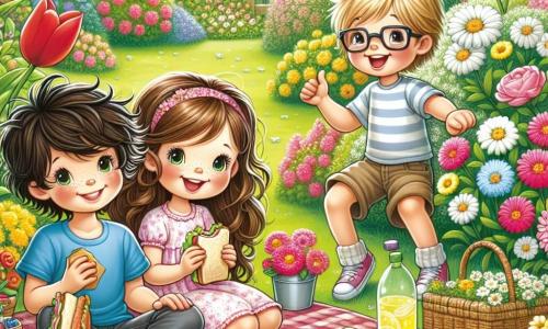 In een kleurrijke tuin in de lente maken vier kinderen een vrolijke picknick. Sam, een 8-jarig jongetje met rommelig bruin haar en een blauwe t-shirt, zit op een grote geruite deken, glimlachend en met een sandwich in de hand. Naast hem bewondert Noor, een 7-jarig meisje met lange krullen in een roze jurk, de bloemen terwijl ze een klein flesje limonade vasthoudt. Jesse, een 8-jarig jongetje met een bril en blond haar, staat trots een grote bloem te tonen die hij heeft geplukt, terwijl Mila, een 6-jarig meisje met een kleine vlecht en een gele jurk, om hen heen danst, lachend en met een klein potje met een plant dat ze heeft gekweekt. De tuin is gevuld met stralende bloemen in alle kleuren: rode tulpen, witte madeliefjes en gele narcissen, terwijl bloeiende bomen een vleugje magie aan de achtergrond toevoegen. De lucht is helderblauw met enkele donzige witte wolken, en de zon schijnt, wat een vrolijke en speelse sfeer creëert. De kinderen genieten van een gelukkig moment, delen lachen en verhalen terwijl ze de schoonheid van hun lentetuin bewonderen, symbool van hun vriendschap en hun harde werk om hun stukje paradijs te laten bloeien.