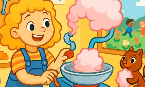 Lotte, eine junge Frau mit lockigem, blondem Haar, trägt einen blauen Overall und ein gestreiftes T-Shirt. Sie hat ein breites, fröhliches Lächeln und funkelnde Augen, während sie die Knöpfe ihrer Zuckerwattemaschine einstellt. Neben ihr sitzt ein kleiner Eichhörnchen namens Max mit braunem Fell und lebhaften Augen, der ein Stück rosa Zuckerwatte genießt, auf einem Ast. Die Szene spielt in einer bunten Werkstatt, gefüllt mit Werkzeugen, Maschinenteilen und Zeichnungen an den Wänden, mit einem großen Fenster, das Sonnenlicht hereinlässt. Draußen schwebt ein blauer Himmel mit weißen Wolken über einem blühenden Garten, in dem Kinder lachen und spielen. Lotte betreibt ihre skurrile Maschine, die eine kleine Wolke ansaugt und deren Inhalt in einen Berg köstlicher Zuckerwatte verwandelt, was eine Atmosphäre von Freude und Magie schafft.