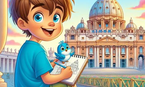 Un ragazzo di 6 anni di nome Luca, con capelli castani disordinati e occhi pieni di curiosità, è seduto su una panchina in Vaticano, un grande sorriso illumina il suo volto. Indossa una maglietta blu brillante e pantaloni verdi, tenendo un piccolo taccuino da disegno tra le mani, pronto a ritrarre le meraviglie che lo circondano. Accanto a lui, un piccolo uccello blu di nome Cielo, con piumaggio splendente e occhi brillanti, si posa sullo schienale della panchina. Cielo guarda Luca con un'espressione gioiosa, pronto a condividere storie affascinanti sul luogo. Il panorama è maestoso, con la basilica di San Pietro sullo sfondo, i suoi imponenti cupole e colonne eleganti, immersi nella luce dorata del sole al tramonto. Nuvole rosa e arancioni fluttuano nel cielo, aggiungendo un tocco magico alla scena. Luca, meravigliato, disegna i dettagli architettonici della basilica, mentre Cielo gli racconta storie di avventure passate, creando un'atmosfera di stupore e scoperta.
