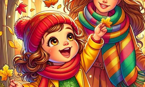 Una bambina di 2 anni, con grandi occhi brillanti e capelli ricci castani, si trova in mezzo a un magnifico paesaggio autunnale. Indossa un cappotto giallo vivo e un berretto di lana rosso, sorridendo meravigliata mentre alza le braccia per prendere una foglia che cade. Accanto a lei, sua mamma, una donna di circa 30 anni con capelli lunghi e lisci, indossando una sciarpa colorata, la guarda con tenerezza mentre raccoglie una foglia dorata. Il decor è un bosco incantato, pieno di alberi con foglie di rosso, arancione e oro, con raggi di sole che filtrano tra i rami. La bambina e sua mamma sono circondate da foglie che danzano nell'aria, creando un'atmosfera gioiosa e magica mentre godono insieme di questa bella giornata autunnale.